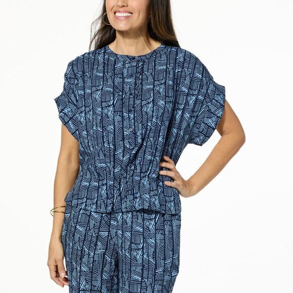 G By Guiliana Gathered Dolman-Sleeve Top Indigo Combo S NWT IN PACKAGE - Picture 1 of 8